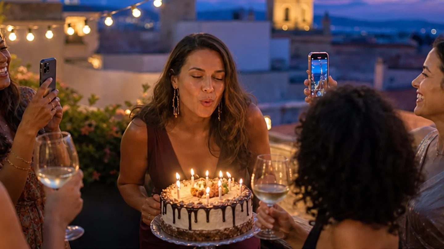 Maya blows out her candles while friends photograph the moment
