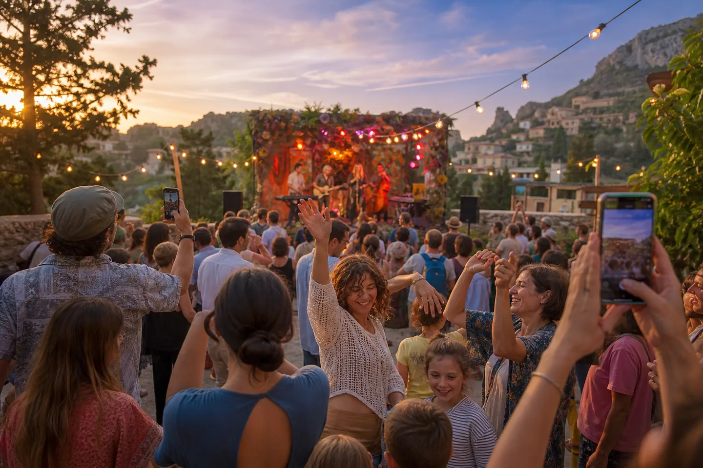A crowd of friends dances at an open-air music event