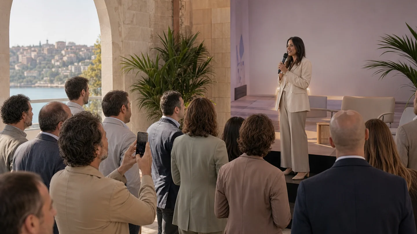 Attendees watch the speaker on the same stage