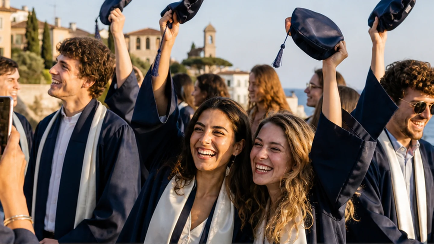 The same graduates celebrate by lifting their caps