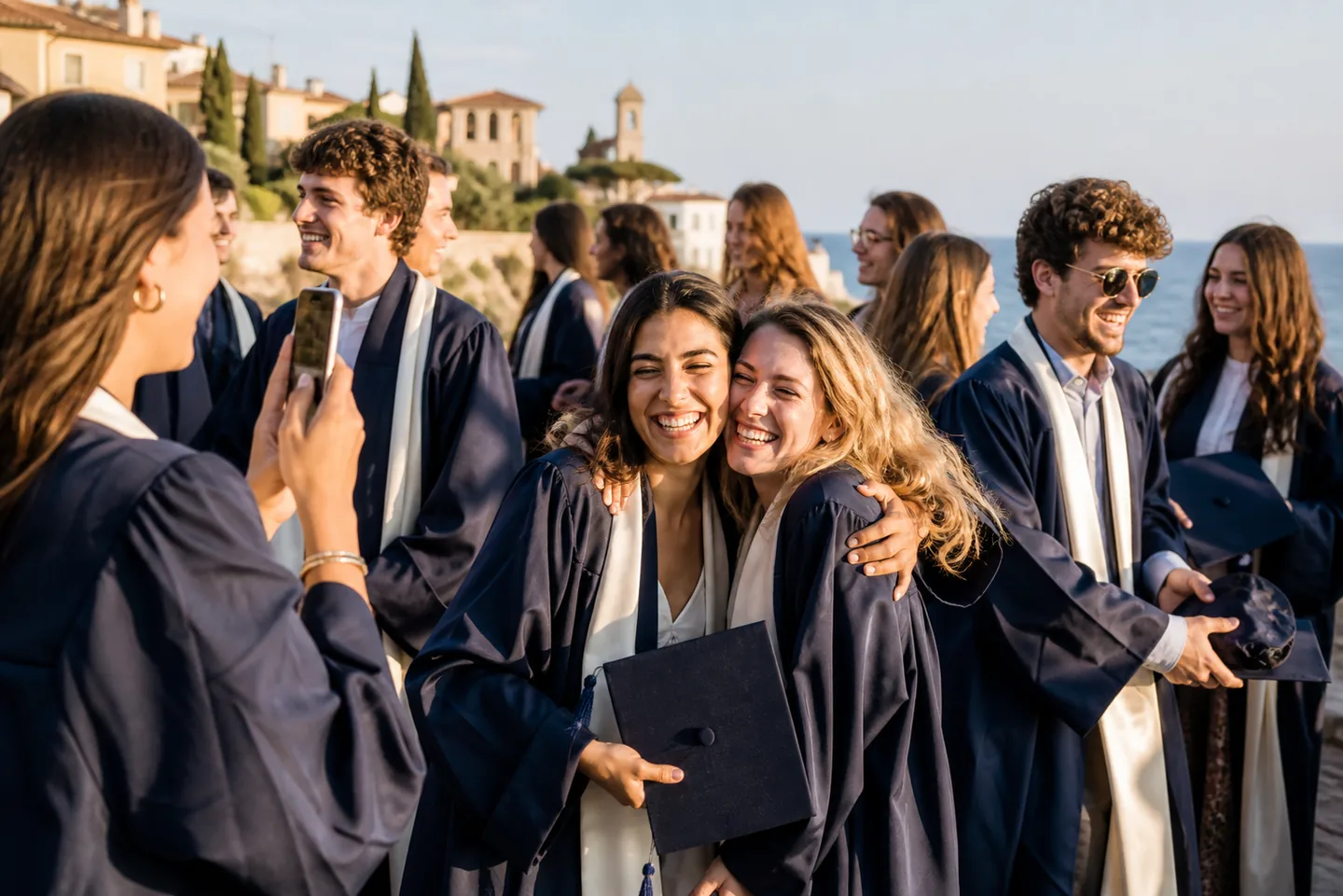 Young graduates take photos after their ceremony