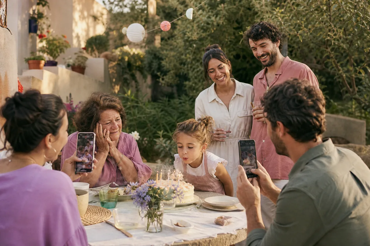 A family photographs a child blowing out birthday candles